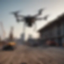 A construction site utilizing drones for surveying