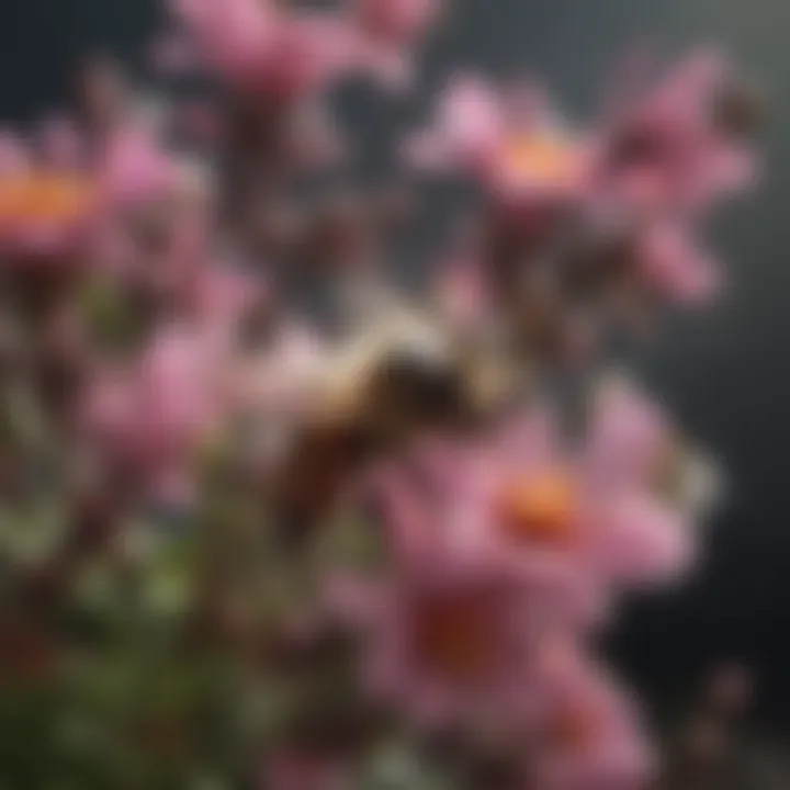 A close-up of a bee pollinating a colorful flower.