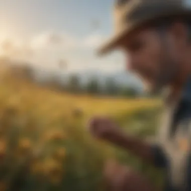 A farmer inspecting crops that rely on bee pollination.