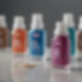 A close-up view of various artificial saliva products on a countertop, showcasing their unique packaging.