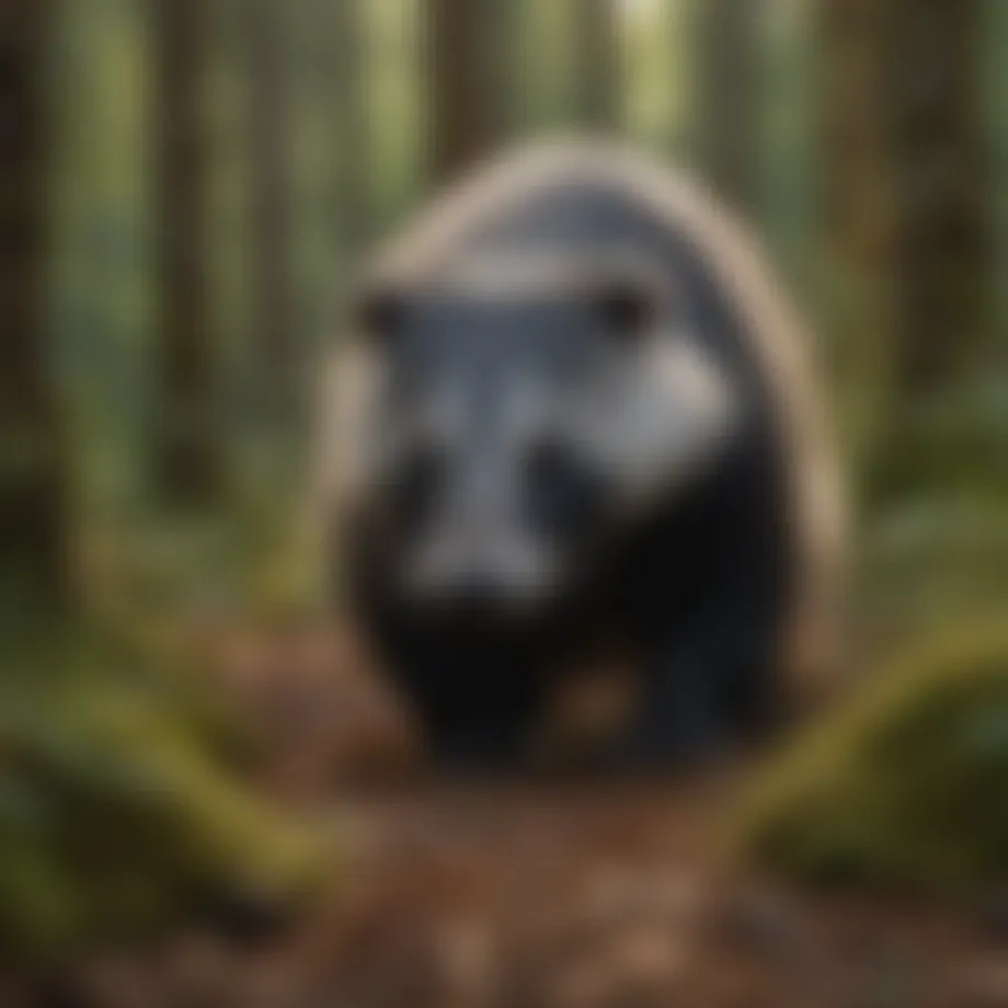 Close-up view of a badger foraging in a forest