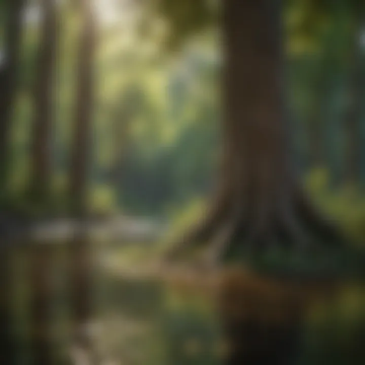 A vibrant forest showcasing various tree species known for their water absorption capabilities
