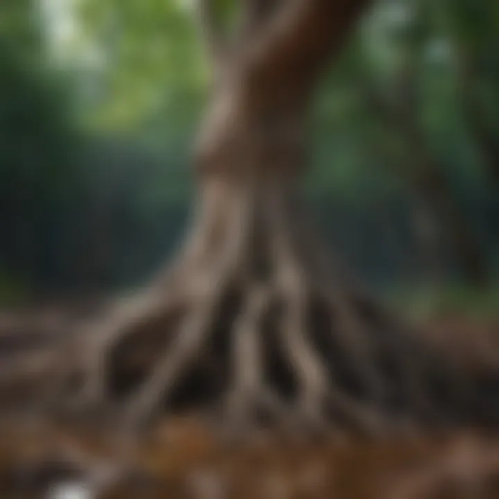 Close-up view of roots of a tree demonstrating their role in absorbing water from the soil