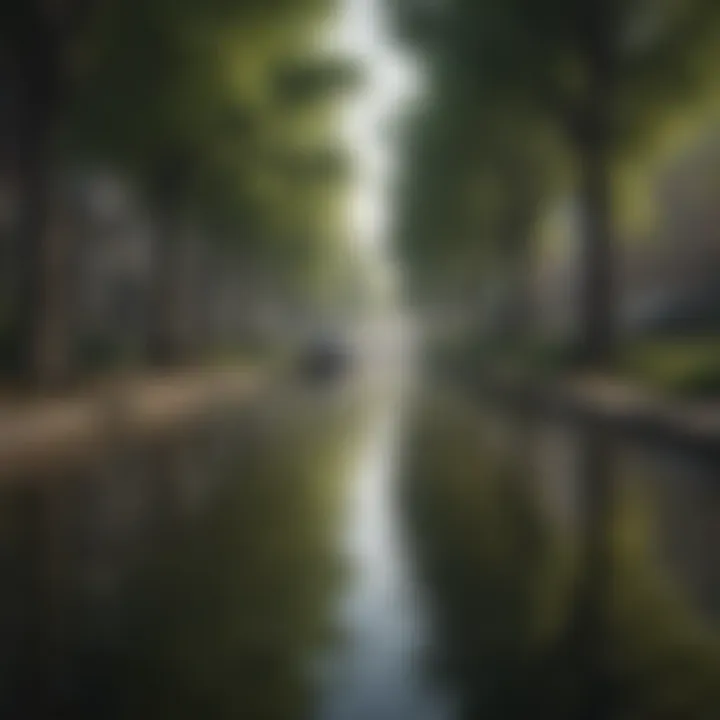 An urban landscape featuring strategically planted trees that enhance water management