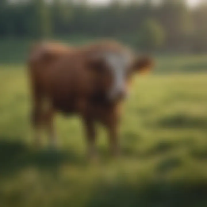 A lush pasture with cattle grazing peacefully, symbolizing sustainable farming.