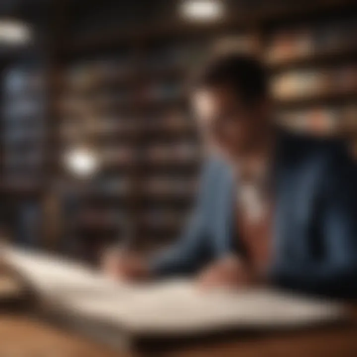 A thoughtful scholar reviewing research papers in a library