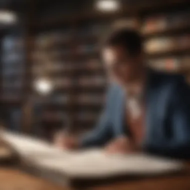 Research Review Process A thoughtful scholar reviewing research papers in a library