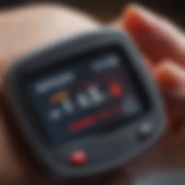 A close-up of a blood sugar monitor displaying readings, emphasizing the importance of tracking glucose levels.