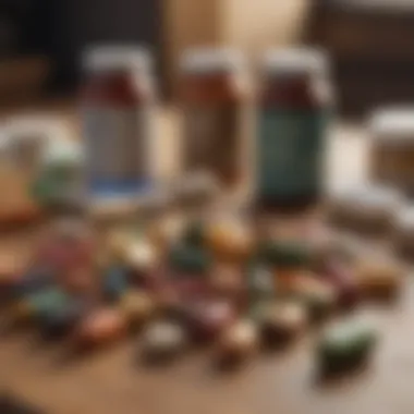 A diverse collection of dietary supplements arranged on a wooden table, highlighting their vibrant colors and packaging.