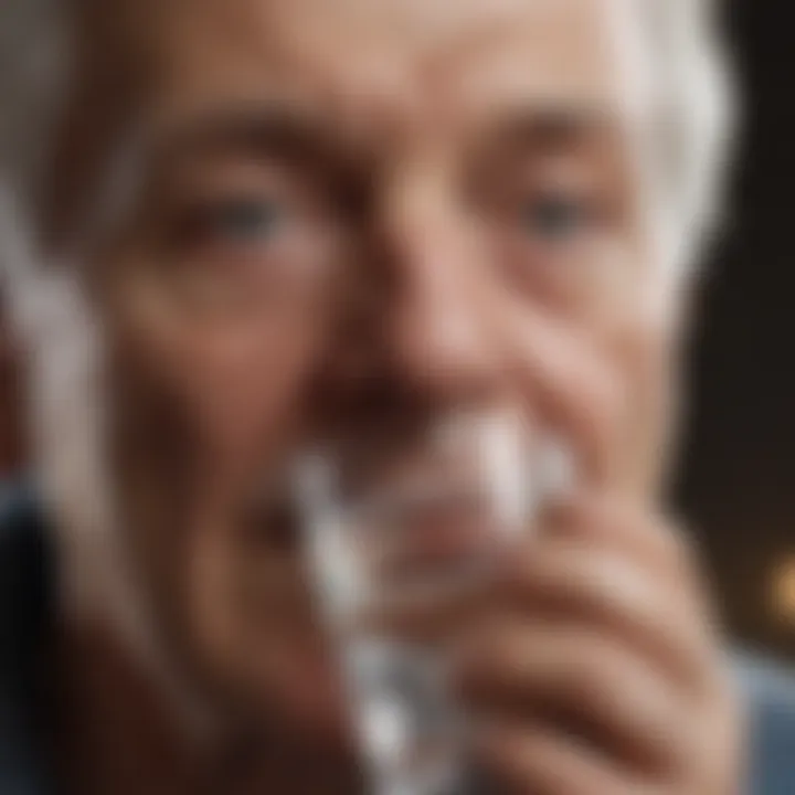 Elderly individual sipping water for dry mouth relief