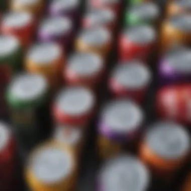 An array of colorful energy drink cans placed on a table, highlighting their vibrant designs.