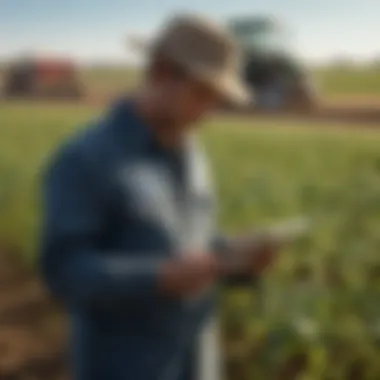 A farmer analyzing agricultural data on a tablet in a field