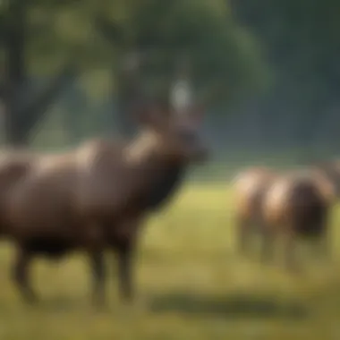 A diverse group of Cervus species grazing in a meadow