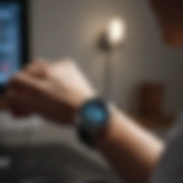 User interacting with ECG monitor watch for health tracking