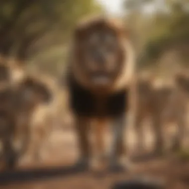 Social Dynamics in a Lion Pride A lion interacting with its pride showcasing social behavior