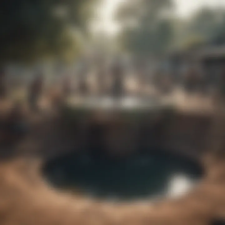 A community gathering around a well, reflecting the struggle for clean water access.