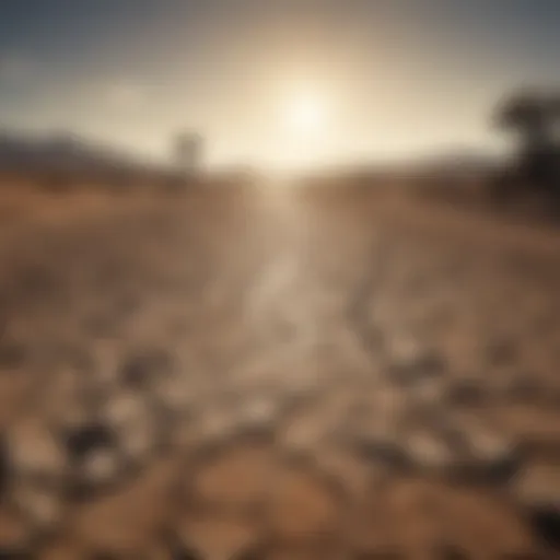 A drought-stricken landscape showcasing cracked earth and sparse vegetation.