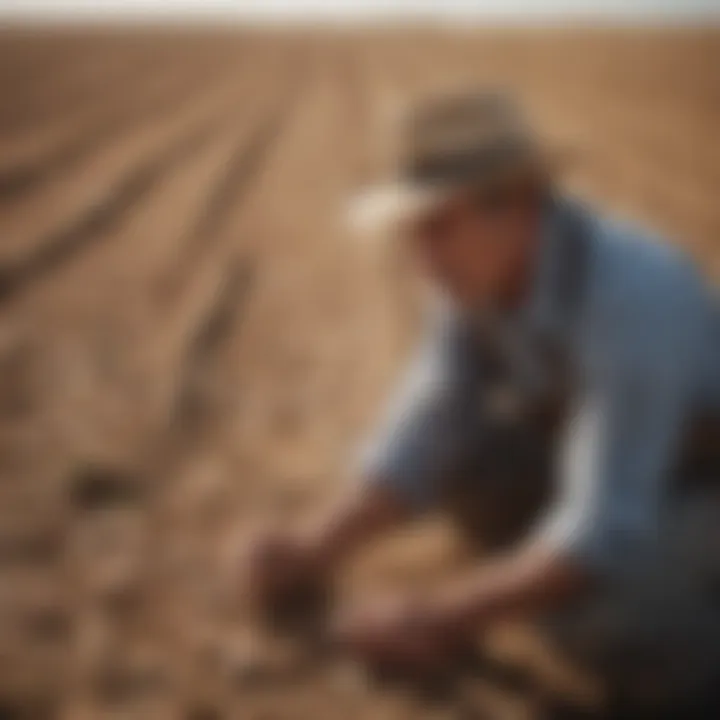 A farmer observing parched crops, symbolizing the impact of water scarcity on agriculture.