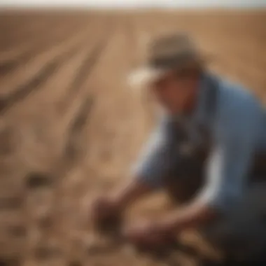 Agricultural challenges due to water deficiency. A farmer observing parched crops, symbolizing the impact of water scarcity on agriculture.