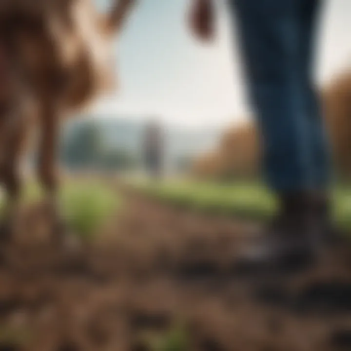 A farmer examining the quality of grass and soil, highlighting responsible agricultural practices.