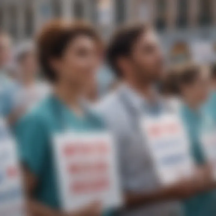 A diverse group of advocates holding signs for healthcare equality.