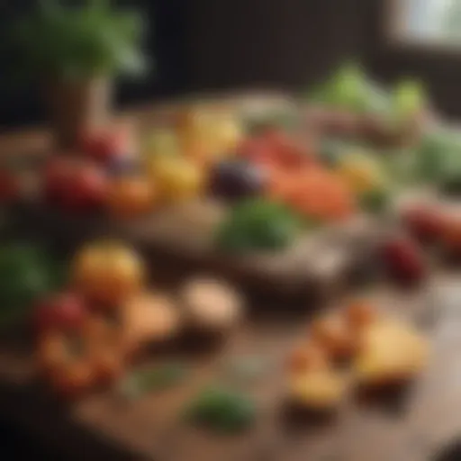 A variety of fresh vegetables and fruits on a wooden table