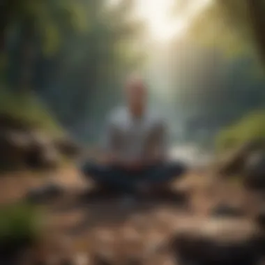 A serene landscape with a person meditating outdoors