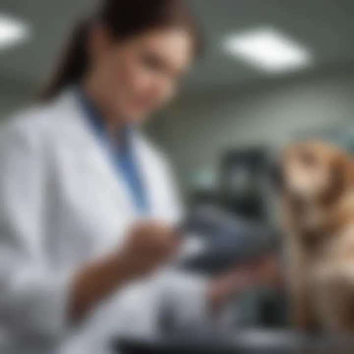 A veterinarian using a tablet to access a patient's medical history.