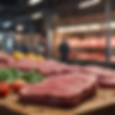 Market for Sustainably Sourced Meat A vibrant marketplace showcasing a variety of sustainably sourced meat products.